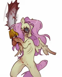 Size: 1440x1800 | Tagged: semi-grimdark, artist:ghuoulish, derpibooru import, fluttershy, pegasus, pony, .mov, shed.mov, bipedal, blood, bloodshot eyes, chainsaw, fluttershed, image, jpeg, ribs, simple background, skinny, solo, thin, white background