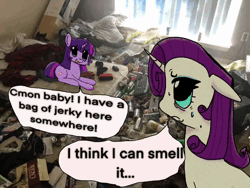 Size: 640x480 | Tagged: safe, artist:ombnom, derpibooru import, fifteen.ai, machine learning assisted, rarity, twilight sparkle, pony, unicorn, ai content, animated, duo, female, image, irl, messy room, photo, ponies in real life, unicorn twilight, webm
