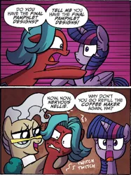 Size: 666x890 | Tagged: safe, artist:agnesgarbowska, derpibooru import, idw, mayor mare, nervous nellie, twilight sparkle, twilight sparkle (alicorn), alicorn, earth pony, pony, spoiler:comic, spoiler:comic46, comic, female, glasses, image, mare, official comic, png, speech bubble