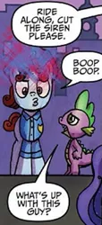 Size: 249x548 | Tagged: safe, derpibooru import, edit, idw, ride along, spike, dragon, earth pony, spoiler:comic, spoiler:comicff14, comic, cropped, image, png