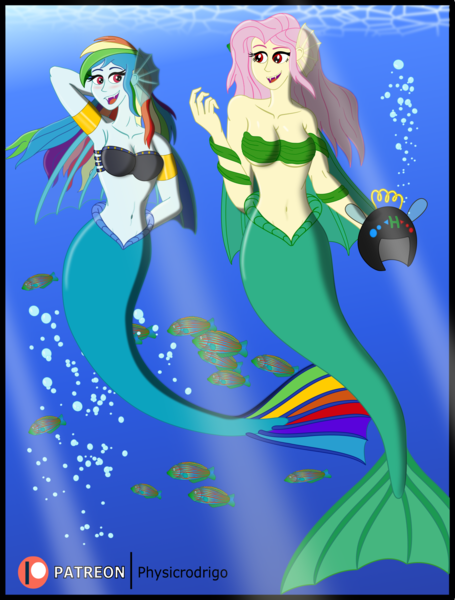 Size: 1500x1979 | Tagged: safe, artist:physicrodrigo, derpibooru import, fluttershy, rainbow dash, fish, mermaid, series:equestria mermaids, equestria girls, ponies of dark water, image, mermaidized, png, species swap