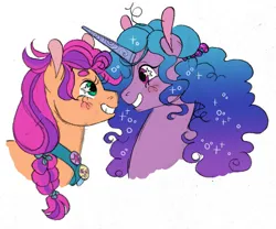 Size: 1019x847 | Tagged: safe, artist:butchidiot, derpibooru import, izzy moonbow, sunny starscout, earth pony, pony, unicorn, g5, blushing, bust, duo, female, image, izzyscout, lesbian, looking at each other, looking at someone, png, shipping, simple background, smiling, white background