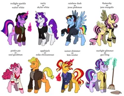 Size: 2048x1591 | Tagged: safe, artist:butchidiot, derpibooru import, applejack, fluttershy, pinkie pie, rainbow dash, rarity, starlight glimmer, sunset shimmer, twilight sparkle, earth pony, pegasus, pony, unicorn, beanie, breaking bad, clothes, emoshy, female, frown, glasses, group, hat, image, jpeg, lesbian, magic, one eye closed, simple background, smiling, text, white background, wink