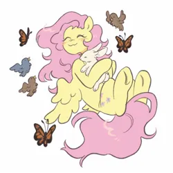 Size: 1440x1440 | Tagged: safe, artist:ghuoulish, derpibooru import, angel bunny, fluttershy, bird, butterfly, insect, pegasus, pony, rabbit, animal, image, jpeg, simple background, spread wings, white background, wings