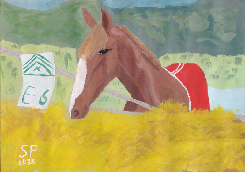 Size: 3469x2440 | Tagged: safe, artist:shitty painter, ponified:sgt. reckless, horse, abstract background, blanket, gouache, hay, image, irl, irl horse, painting, png, traditional art