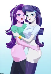 Size: 550x800 | Tagged: suggestive, artist:riouku, derpibooru import, rarity, starlight glimmer, human, equestria girls, ass, bedroom eyes, blushing, bottomless, breasts, butt, clothes, commission, duo, duo female, eyebrows, eyeshadow, female, females only, glimmer glutes, gradient background, hug, humanized, image, lesbian, looking at you, makeup, nail polish, nudity, open mouth, open smile, partial nudity, png, rearity, shipping, shirt, signature, smiling, smiling at you, socks, starity, stockings, t-shirt, thigh highs