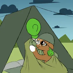 Size: 2000x2000 | Tagged: safe, anonymous artist, oc, oc:anon, ponified, ponified:sgt. reckless, earth pony, blanket, comfy, evening, helmet, hug, image, jpeg, smiling, tent