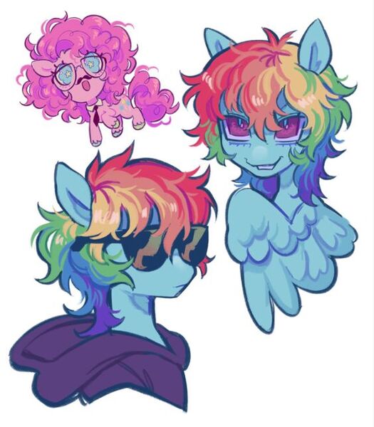 Size: 564x644 | Tagged: safe, artist:ghuoulish, derpibooru import, pinkie pie, rainbow dash, earth pony, pegasus, pony, clothes, glasses, hoodie, image, jpeg, necktie, simple background, sunglasses, white background