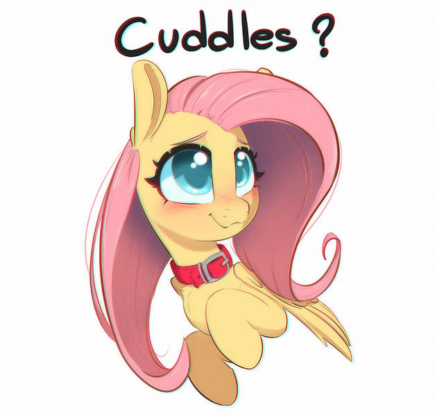 Size: 1000x952 | Tagged: safe, artist:inkypuso, derpibooru import, fluttershy, pegasus, pony, blushing, bronybait, chromatic aberration, collar, colored pupils, cute, daaaaaaaaaaaw, female, hugs?, image, jpeg, mare, pony pet, shyabetes, simple background, smiling, solo, white background