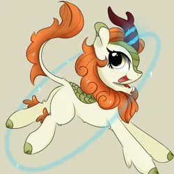 Size: 1080x1080 | Tagged: safe, artist:twiliset, derpibooru import, autumn blaze, kirin, beautiful, cute, happy, image, light, looking at you, magic, open mouth, png, running, simple background, smiling, solo