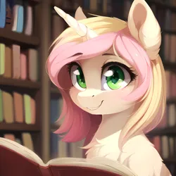 Size: 2560x2560 | Tagged: safe, derpibooru import, machine learning generated, novelai, stable diffusion, oc, pony, unicorn, ai content, blonde mane, book, female, green eyes, horn, image, library, mare, pink mane, png, two toned mane