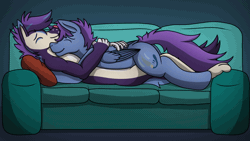 Size: 1920x1080 | Tagged: safe, artist:tacomytaco, derpibooru import, oc, oc:drip, oc:windy dripper, unofficial characters only, pegasus, pony, animated, backrub, couch, cuddling, ear twitch, eyes closed, gif, hug, image, lying down, lying on top of someone, male, nuzzling, on back, petting, smiling, snuggling