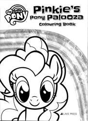 Size: 2550x3509 | Tagged: safe, derpibooru import, pinkie pie, earth pony, pony, balloon, black and white, book cover, coloring book, coloring page, cover, female, grayscale, image, jpeg, looking at you, mare, monochrome, pinkie's pony palooza coloring book, rainbow, smiling, smiling at you, solo, text