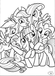 Size: 2550x3509 | Tagged: safe, derpibooru import, applejack, fluttershy, pinkie pie, rainbow dash, rarity, twilight sparkle, twilight sparkle (alicorn), alicorn, earth pony, pegasus, pony, unicorn, black and white, closed smile, coloring book, coloring page, female, grayscale, grin, image, jpeg, mane six, mare, monochrome, open mouth, open smile, pinkie's pony palooza coloring book, smiling, stock vector