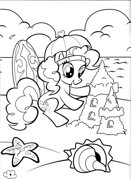 Size: 2550x3509 | Tagged: safe, derpibooru import, pinkie pie, earth pony, pony, starfish, beach, black and white, coloring book, coloring page, conch shell, cute, diapinkes, female, grayscale, image, jpeg, mare, monochrome, ocean, open mouth, open smile, outdoors, pinkie's pony palooza coloring book, sandcastle, sitting, smiling, solo, stock vector, surfboard, water