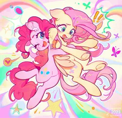 Size: 2048x1972 | Tagged: safe, artist:universe5052, artist:千雲九枭, derpibooru import, fluttershy, pinkie pie, earth pony, pegasus, pony, duo, duo female, female, frog (hoof), hug, image, jpeg, looking at you, mare, one eye closed, open mouth, open smile, smiling, smiling at you, underhoof, wings, wink, winking at you