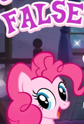 Size: 288x426 | Tagged: safe, derpibooru import, pinkie pie, earth pony, pony, cropped, cute, diapinkes, english, false, female, gameloft, image, looking at you, mare, meme, open mouth, open smile, png, reaction image, smiling, solo, text, wow! glimmer