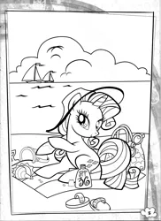 Size: 2550x3509 | Tagged: safe, derpibooru import, official, rarity, pony, unicorn, bag, beach, black and white, boat, bucket, cloud, coloring book, coloring page, conch shell, female, flip-flops, grayscale, hat, image, jpeg, mare, monochrome, ocean, outdoors, pinkie's pony palooza coloring book, sailboat, sandals, shovel, solo, stock vector, sunglasses, sunscreen, water