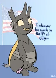 Size: 1764x2448 | Tagged: safe, artist:heretichesh, derpibooru import, oc, oc:konica, unofficial characters only, changeling, 4th of july, american flag, belly, big belly, changeling oc, chunkling, flag, holiday, image, png, solo, stuffed belly, sweat, yellow changeling