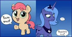 Size: 2319x1196 | Tagged: safe, artist:heretichesh, derpibooru import, princess luna, oc, alicorn, earth pony, pony, ..., 2 panel comic, comic, dialogue, duo, female, filfil, filly, foal, gradient background, image, jpeg, mare, open mouth, open smile, s1 luna, signature, smiling, smol, speech bubble