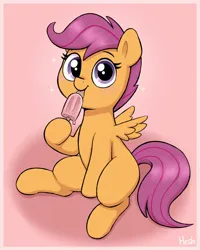 Size: 1466x1834 | Tagged: safe, artist:heretichesh, derpibooru import, scootaloo, pegasus, pony, cute, cutealoo, eating, food, hoof hold, image, jpeg, licking, looking at you, magnetic hooves, popsicle, signature, sitting, smiling, smiling at you, solo, tongue out