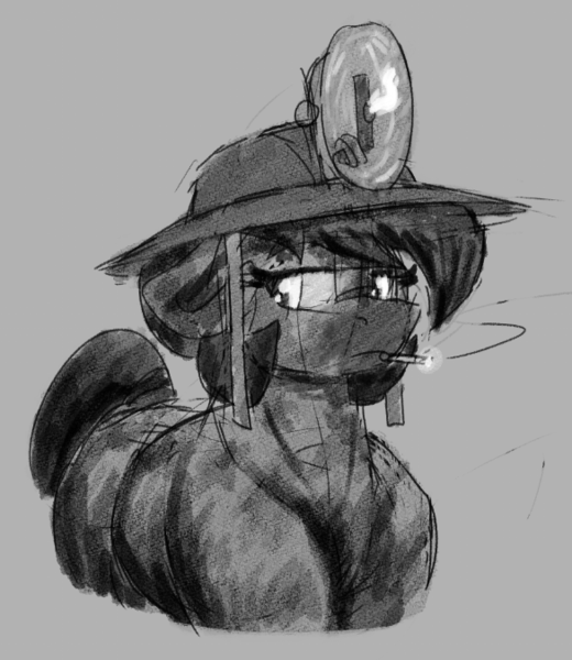 Size: 585x675 | Tagged: safe, artist:reddthebat, derpibooru import, oc, oc:number nine, unofficial characters only, earth pony, pony, cigarette, coal, dirty, female, floppy ears, gray background, grayscale, headlamp, helmet, image, lidded eyes, mare, mining helmet, monochrome, png, simple background, smoking, solo