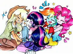 Size: 2471x1854 | Tagged: safe, artist:liaaqila, derpibooru import, applejack, pinkie pie, rainbow dash, twilight sparkle, human, equestria girls, barefoot, clothes, commission, eyes closed, feet, female, giggling, grin, group, image, jpeg, laughing, open mouth, pajamas, quartet, simple background, sitting, smiling, tickling, traditional art, white background