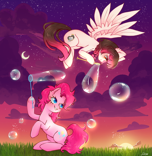 Size: 1210x1240 | Tagged: safe, artist:julieee3e, derpibooru import, pinkie pie, oc, oc:arwencuack, earth pony, pegasus, pony, bubble, fanart, image, png