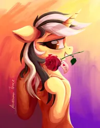 Size: 1195x1533 | Tagged: safe, artist:行豹cheetahspeed, derpibooru import, oc, oc:autumn trace, unofficial characters only, pony, unicorn, black and white mane, colored background, flower, flushed face, horn, i love you, image, jpeg, light, looking at you, orange eyes, rose, shy, yellow skin