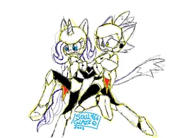 Size: 741x579 | Tagged: safe, artist:more by soul-glazz966, rarity, anthro, blaze the cat, fear, image, jetpack, mobian, png, rocket knight, sonic the hedgehog (series), sonicified