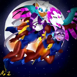 Size: 894x894 | Tagged: safe, artist:more by noeliart2007, rarity, anthro, flashwing, freedom planet, image, jetpack, jpeg, moon, night, rocket knight, rouge the bat, sash lilac, skylanders, sonic the hedgehog (series)