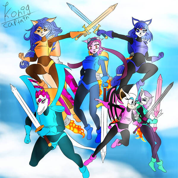 Size: 894x894 | Tagged: safe, artist:more by konigcaptain, rarity, alicorn, anthro, alicornified, carmelita fox, flashwing, freedom planet, image, jetpack, jpeg, krystal, race swap, raricorn, ready to fight, rocket knight, rouge the bat, sash lilac, sonic the hedgehog (series), star fox, sword, weapon