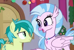 Size: 1451x999 | Tagged: safe, derpibooru import, screencap, sandbar, silverstream, classical hippogriff, earth pony, hippogriff, season 8, the hearth's warming club, spoiler:s08, female, image, jpeg, laughing, male, sandstream, shipping, straight