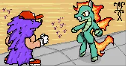 Size: 1344x706 | Tagged: safe, artist:damset, derpibooru import, dragon, hybrid, longma, them's fightin' herds, community related, female, fiery wings, fire, image, jojo reference, male, mane of fire, ms paint, pixel art, pizza tower, png, snick, tail, tail of fire, tianhuo (tfh), wings