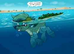 Size: 2460x1792 | Tagged: safe, artist:confetticakez, derpibooru import, oc, unofficial characters only, alligator, hybrid, pony, :p, alligator pony, background pony, beach, cute, dialogue, image, inner tube, jpeg, ocbetes, ocean, pool toy, smiling, solo, speech bubble, swimming, tongue out, underwater, water