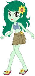 Size: 828x1773 | Tagged: safe, derpibooru import, wallflower blush, human, equestria girls, belly button, bikini, clothes, female, flower, hairpin, image, midriff, png, sandals, sarong, simple background, solo, sunflower, swimsuit, transparent background, vector