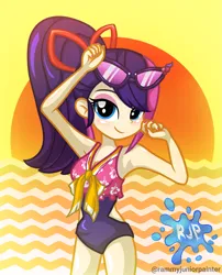 Size: 2015x2490 | Tagged: safe, artist:rjp.rammy, derpibooru import, oc, oc:layla, equestria girls, clothes, female, image, one-piece swimsuit, png, solo, sunglasses, swimsuit