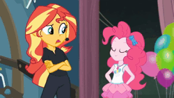Size: 1280x720 | Tagged: safe, derpibooru import, pinkie pie, sunset shimmer, human, all the world's off stage, equestria girls, equestria girls series, all the world's off stage: pinkie pie, animated, balloon, bow, clothes, confused, director shimmer, duo, duo female, eyes closed, female, geode of sugar bombs, hair bow, hands behind back, image, magical geodes, nope, rah rah skirt, skirt, smiling, talking, tanktop, webm
