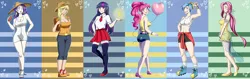 Size: 4746x1500 | Tagged: safe, artist:erein, derpibooru import, applejack, fluttershy, pinkie pie, rainbow dash, rarity, twilight sparkle, human, alternate hairstyle, apple, applejack's hat, balloon, breasts, cleavage, clothes, cowboy hat, female, flats, food, hat, heart, heart balloon, heart eyes, humanized, image, jpeg, looking at you, looking back, looking back at you, mane six, pale skin, ponytail, shoes, smiling, smiling at you, sparkles, striped background, wingding eyes