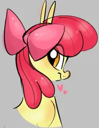 Size: 958x1229 | Tagged: safe, artist:mushy, derpibooru import, apple bloom, earth pony, pony, aside glance, bust, female, filly, foal, gray background, heart, image, jpeg, looking at you, portrait, sideways glance, simple background, smiling, solo