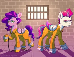 Size: 4000x3100 | Tagged: safe, artist:silverycryptid, derpibooru import, pipp petals, zipp storm, pegasus, pony, g5, bound wings, chained, chains, clothes, duo, female, image, mare, never doubt rainbowdash69's involvement, png, prison outfit, royal sisters (g5), shackles, siblings, sisters, wings