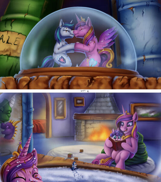 Size: 1280x1440 | Tagged: grimdark, artist:vittorionobile, derpibooru import, princess cadance, princess flurry heart, shining armor, alicorn, pony, unicorn, crystal empire, fireplace, image, jpeg, macro/micro, reading, shrunk, snow globe, tiny, tiny ponies