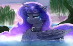 Size: 2381x1500 | Tagged: safe, artist:taiweiart, derpibooru import, princess luna, alicorn, pony, eyes closed, female, image, mare, png, solo, water