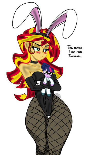 Size: 1418x2400 | Tagged: dead source, suggestive, artist:reiduran, color edit, derpibooru import, edit, sci-twi, sunset shimmer, twilight sparkle, human, equestria girls, blushing, breasts, bunny ears, bunny suit, clothes, colored, female, g4, humanized, image, plushie, png, simple background, solo, solo female, white background