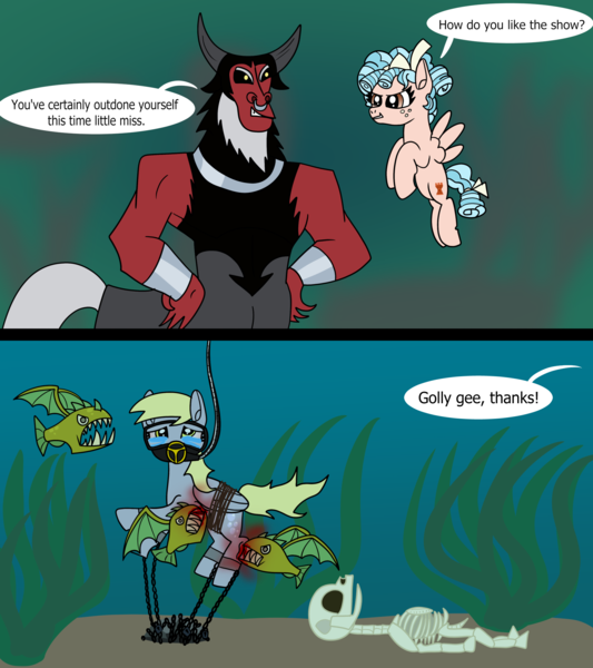 Size: 1920x2160 | Tagged: semi-grimdark, artist:platinumdrop, derpibooru import, cozy glow, derpy hooves, lord tirek, biteacuda, centaur, fish, pegasus, pony, taur, 2 panel comic, abuse, antagonist, biting, bleeding, blood, bone, bound, bound wings, carnivore, chains, comic, commission, crying, derpybuse, dive mask, eaten alive, eating, fangs, fear, female, filly, foal, goggles, golly, hard vore, helpless, image, imminent death, injured, mare, mare prey, offscreen character, oxygen mask, pain, plant, png, praise, predator vs prey, restrained, rock, rope, sand, scared, seaweed, skeleton, smiling, smug, speech, speech bubble, submerged, swiming, talking, tears of pain, tied up, torture, underwater, victorious villain, villainous, vore, water, wings