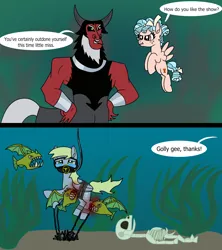 Size: 1920x2160 | Tagged: semi-grimdark, artist:platinumdrop, derpibooru import, cozy glow, derpy hooves, lord tirek, biteacuda, centaur, fish, pegasus, pony, taur, 2 panel comic, abuse, antagonist, biting, bleeding, blood, bone, bound, bound wings, carnivore, chains, comic, commission, crying, derpybuse, dive mask, eaten alive, eating, fangs, fear, female, filly, foal, goggles, golly, hard vore, helpless, image, imminent death, injured, mare, mare prey, offscreen character, oxygen mask, pain, plant, png, praise, predator vs prey, restrained, rock, rope, sand, scared, seaweed, skeleton, smiling, smug, speech, speech bubble, submerged, swiming, talking, tears of pain, tied up, torture, underwater, victorious villain, villainous, vore, water, wings