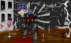 Size: 1171x705 | Tagged: grimdark, artist:damset, derpibooru import, oc, oc:kraft, cyborg, skeleton pony, fallout equestria, blood, bone, cloak, clothes, cloud, commission, corpse, dark clouds, graffiti, image, lightning, png, rain, ruins, scorpion tail, skeleton, tail, wasteland