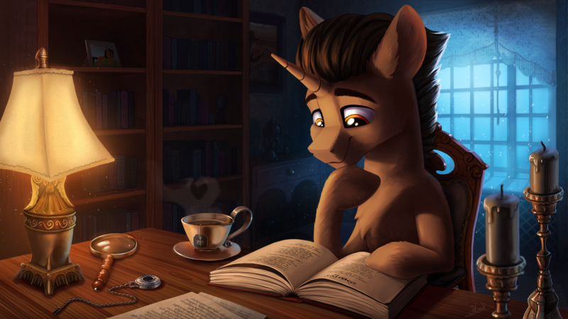 Size: 4142x2330 | Tagged: safe, artist:helmie-art, derpibooru import, oc, unofficial characters only, pony, unicorn, book, bookshelf, candle, chair, commission, cup, horn, image, lamp, magnifying glass, male, picture frame, png, sitting, solo, stallion, unicorn oc, window