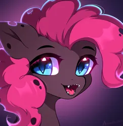 Size: 1497x1541 | Tagged: safe, artist:airiniblock, derpibooru import, pinkie pie, changeling, pony, bust, changelingified, digital art, eye clipping through hair, fangs, female, gradient background, icon, image, looking at you, looking back, looking back at you, mare, png, purple background, purple changeling, purple mane, rcf community, simple background, solo, species swap