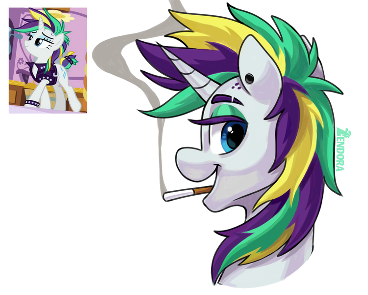 Size: 2500x2000 | Tagged: safe, artist:zendora, derpibooru import, screencap, rarity, pony, unicorn, alternate hairstyle, blue eyes, cigar, cigarette, cigarette smoke, female, g4, horn, image, looking at you, looking back, looking back at you, mare, png, punk, raripunk, rarity peplum dress, screencap reference, simple background, solo